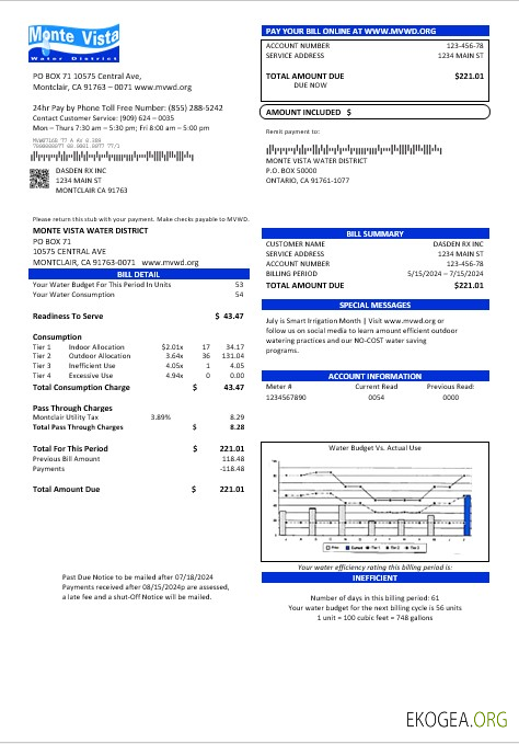 Modèle de facture de services publics pour les entreprises du district aquatique de Monte Vista, États Unis, Californie, aux formats Word et PDF